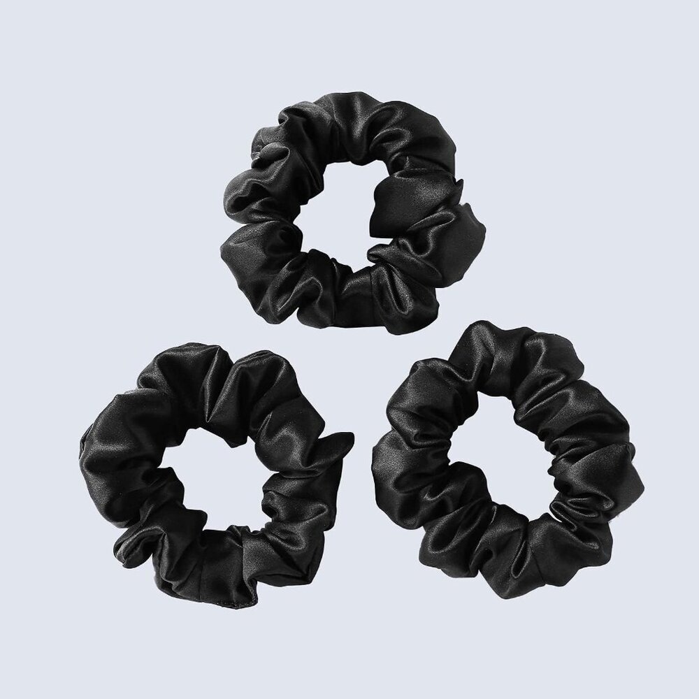 Elegant Black Silk Hair Scrunchies Gentle  Soft 3 Pack For All Hair Types